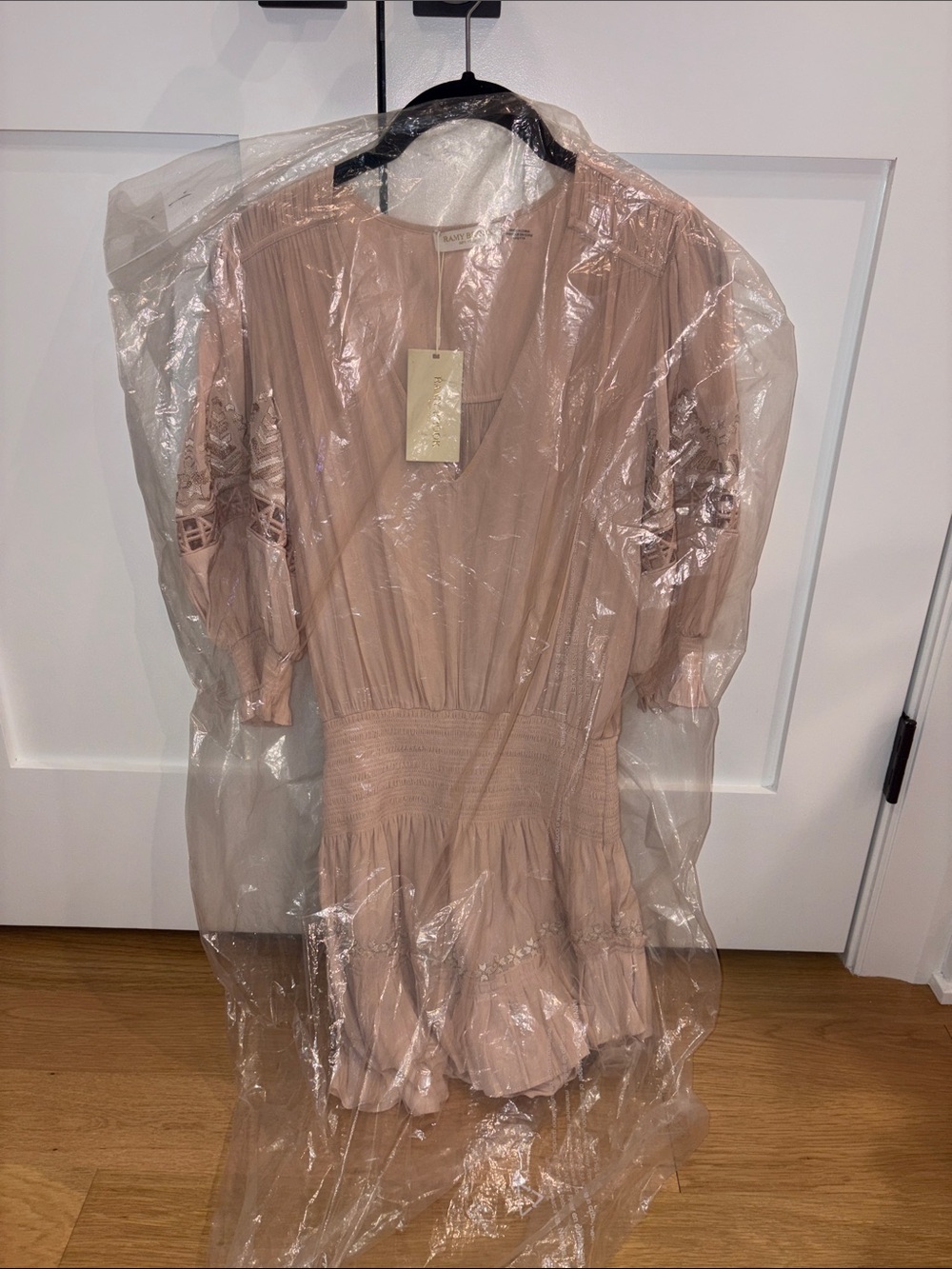 Ramy Brook Blush V-Neck Short Sleeve Smocked Waist Mini Dress